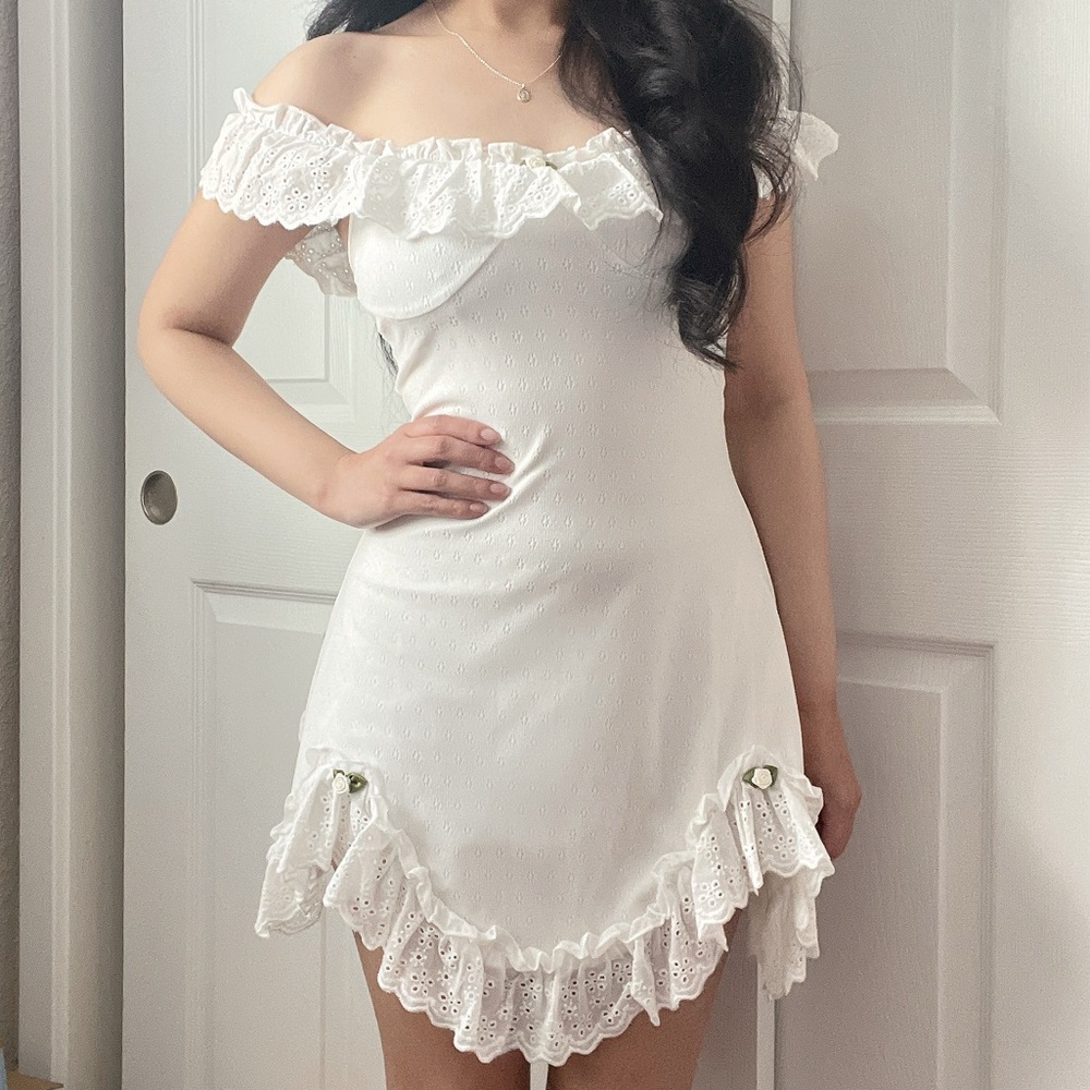 Cider White lace and pointelle off shoulder rosette dress